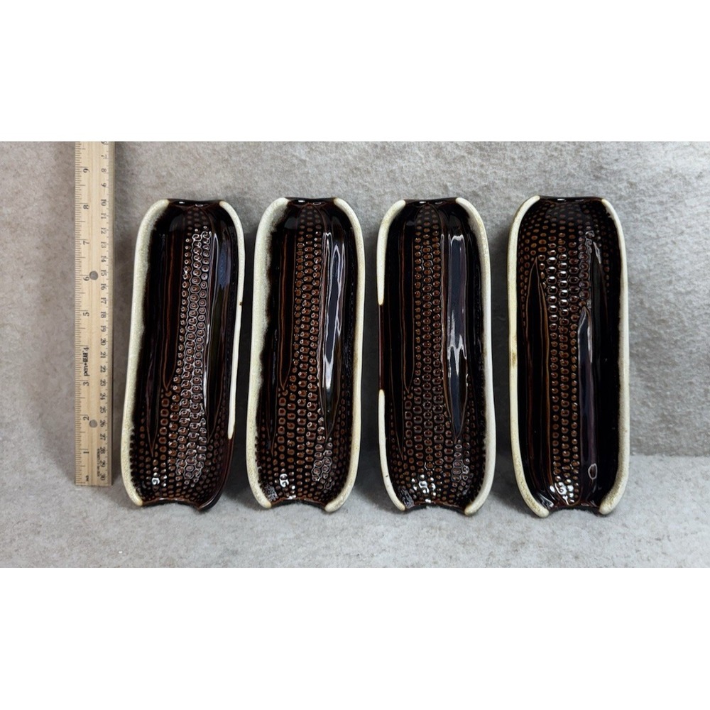 VTG Pfaltzgraff Brown Drip Embossed‎ Corn Tray Serving Dish Castle Logo Set Of 4